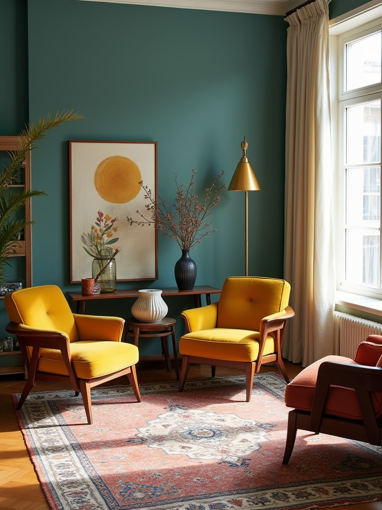 Eclectic living room with a cohesive core color palette of teal, walnut brown, and mustard yellow.