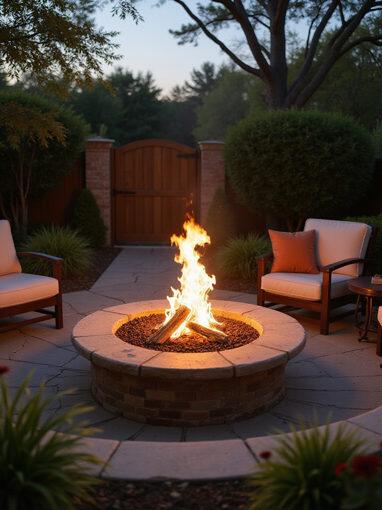 A beautifully designed backyard with a stunning firepit, illuminated during golden hour.