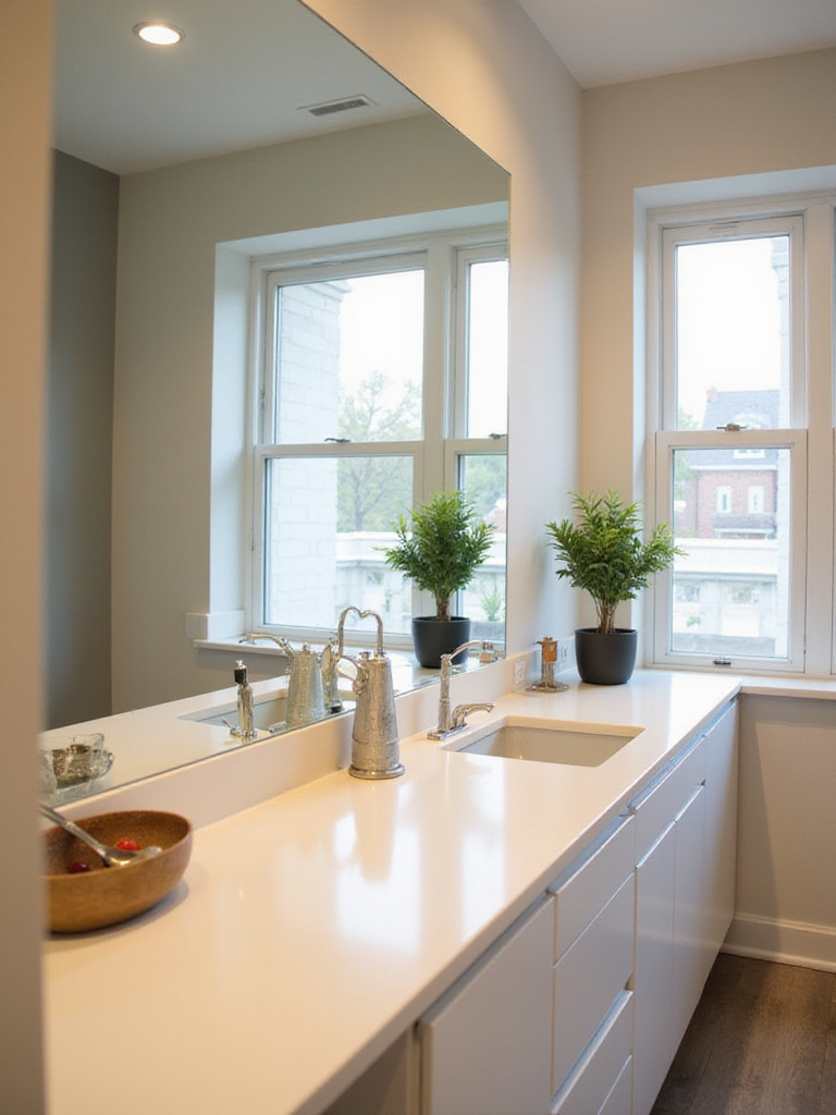 A modern kitchen with a large mirror enhancing light and space.