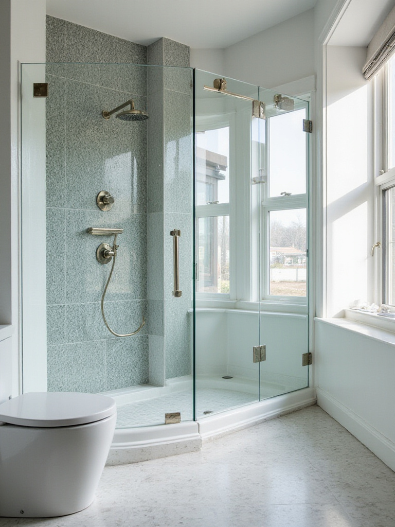 Modern bathroom featuring a frameless glass shower enclosure with natural light.