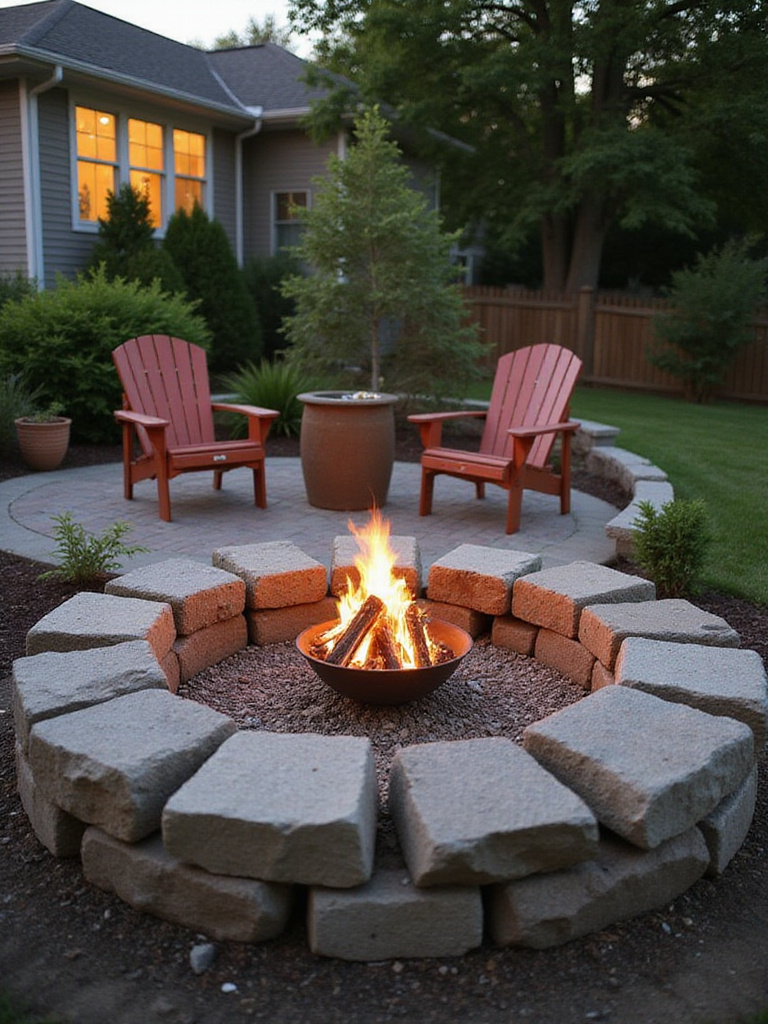 A rustic stone firepit surrounded by greenery in a cozy backyard setting, illuminated by warm evening light.