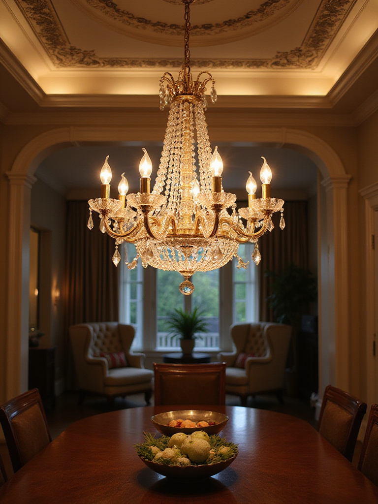 Dining room chandelier made of crystal, metal, wood, and glass in a beautifully decorated dining room.