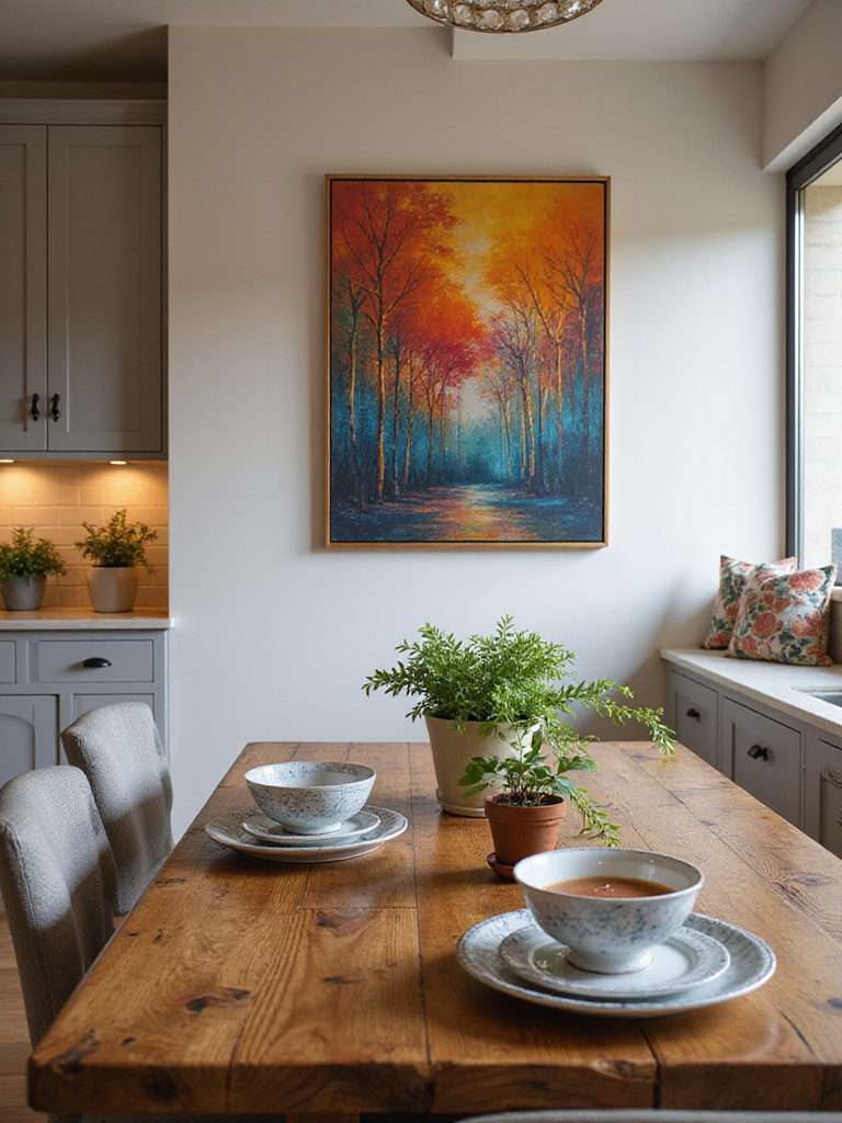 Stylish kitchen with unique art and decor reflecting individual taste