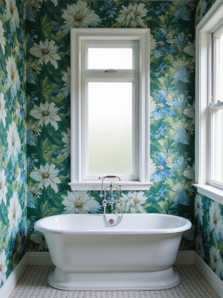 Beautiful bathroom with bold floral wallpaper and freestanding bathtub