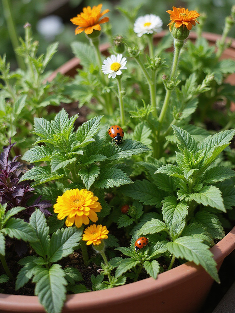 Vibrant container garden showcasing natural pest control methods with healthy plants and beneficial insects.