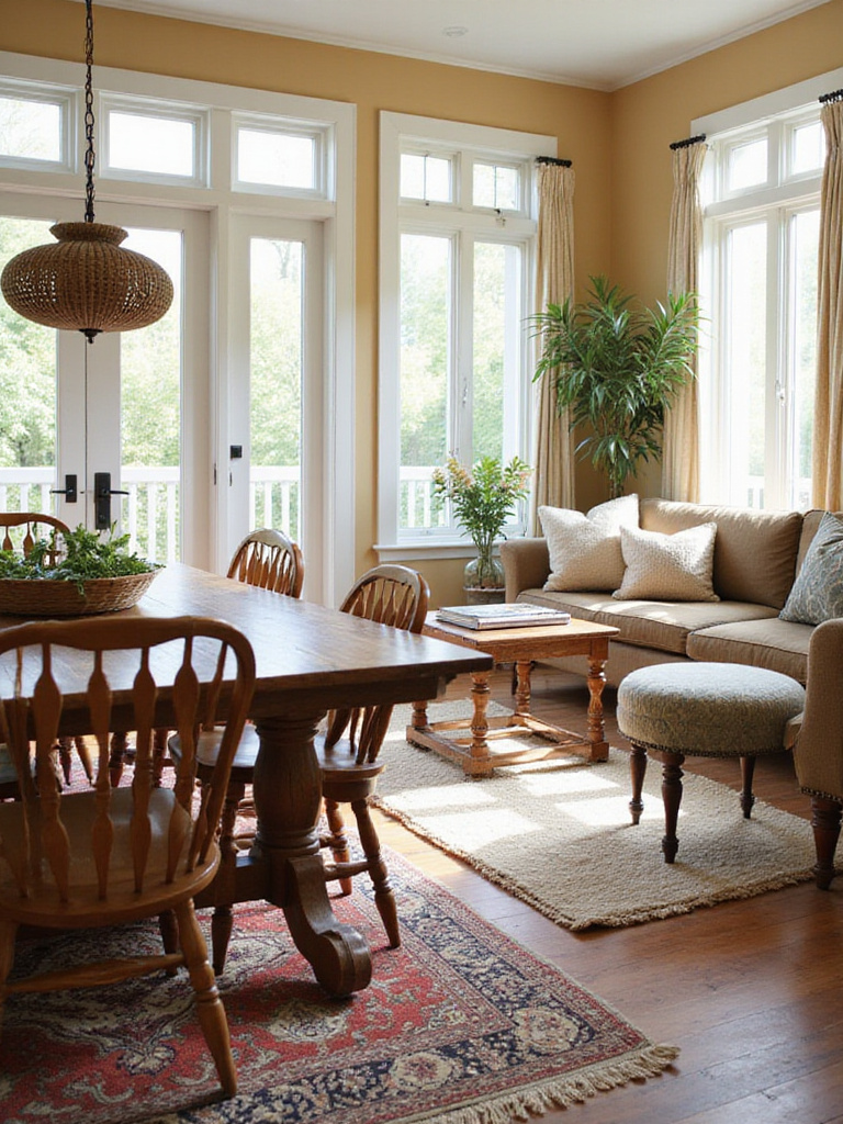 Eclectic living room showcasing a mix of furniture styles from different eras.