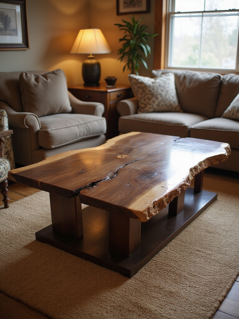 A live-edge coffee table made from walnut wood in a rustic living room setting with warm lighting.