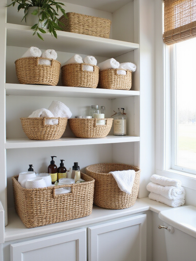 Organized bathroom with chic woven baskets filled with towels and toiletries.