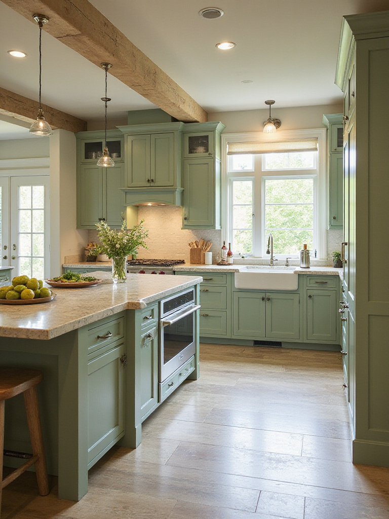 A modern green kitchen interior showcasing timeless design elements and natural materials.