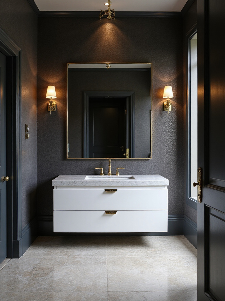 Luxurious bathroom with dark charcoal wallpaper and elegant fixtures