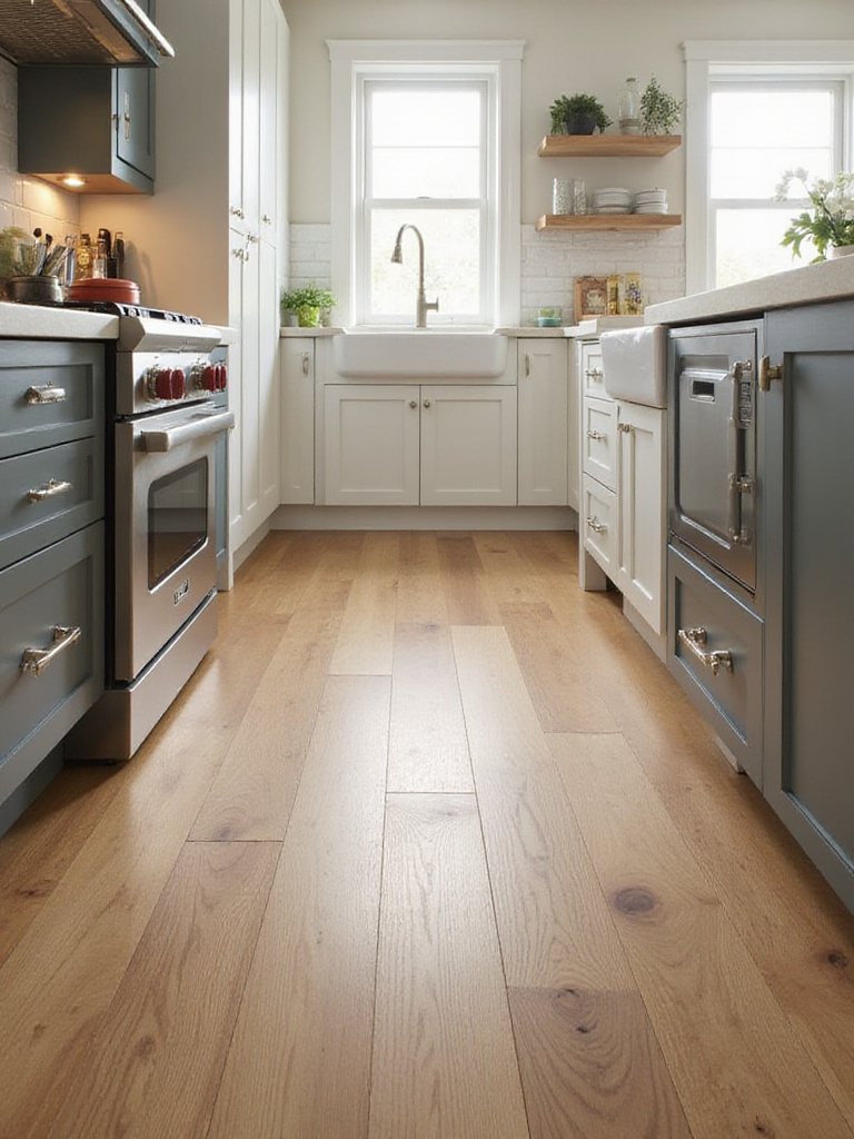Elegant kitchen showcasing luxury vinyl plank flooring with warm oak finish