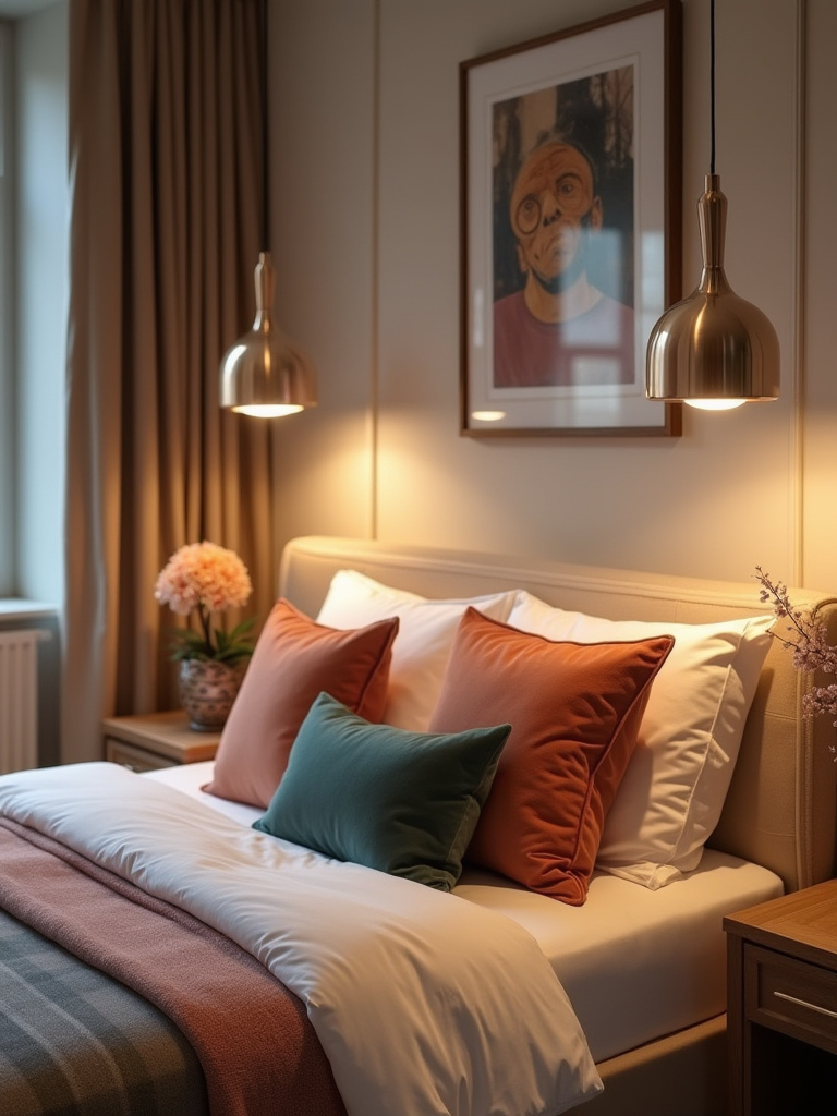 Stylish bedroom with hanging pendant lights over nightstands