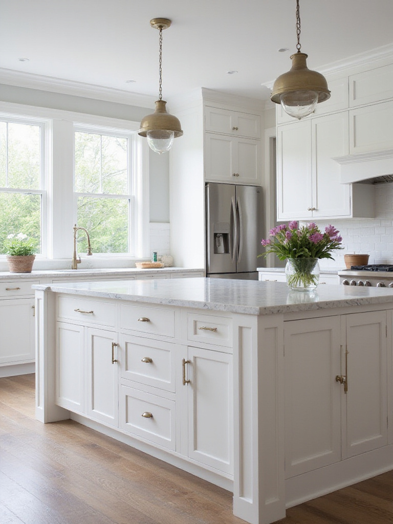 Elegant kitchen with Shaker-style island cabinets and quartz countertop under natural light