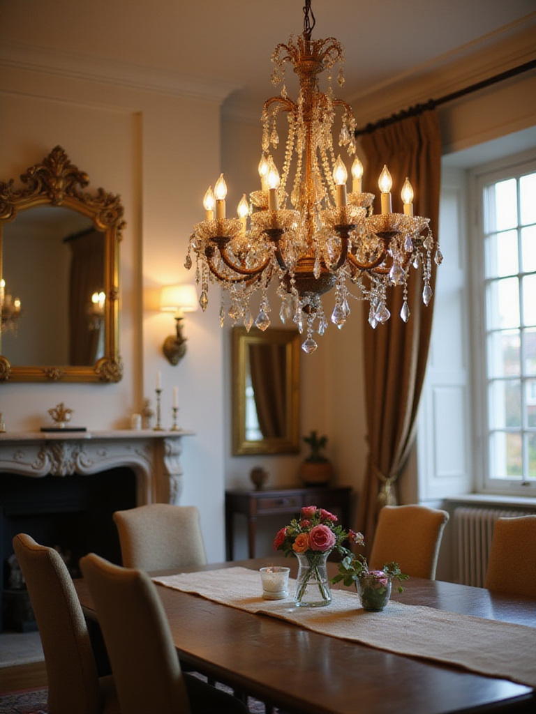 Elegant dining room featuring a chandelier that complements the decor