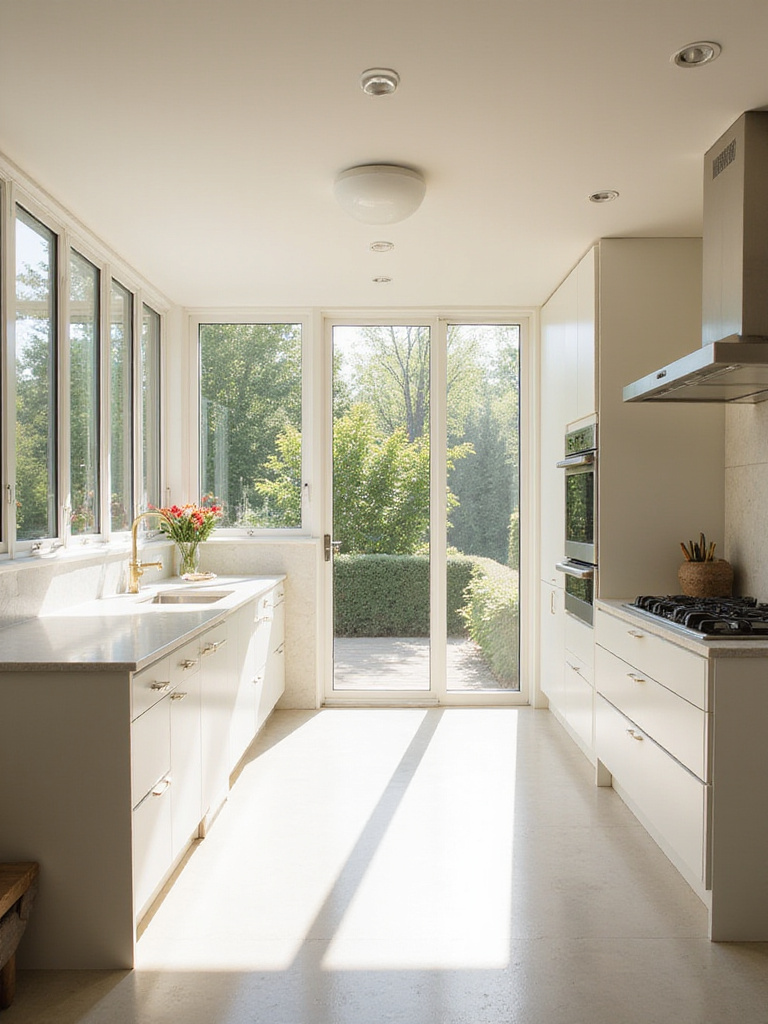 Bright kitchen with natural light flooding through large windows and light-colored cabinetry.