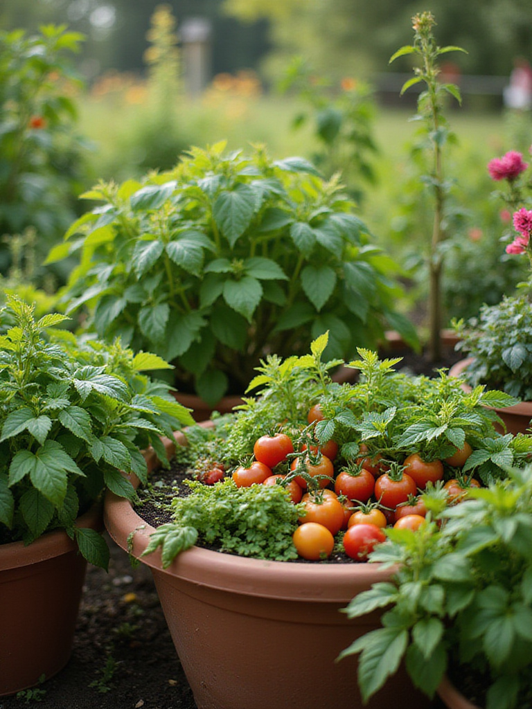 Lush container vegetables showing bushy growth after strategic pruning