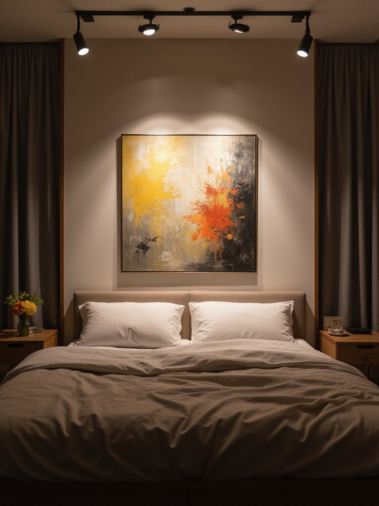 A well-lit bedroom featuring artwork highlighted by directional spotlights.