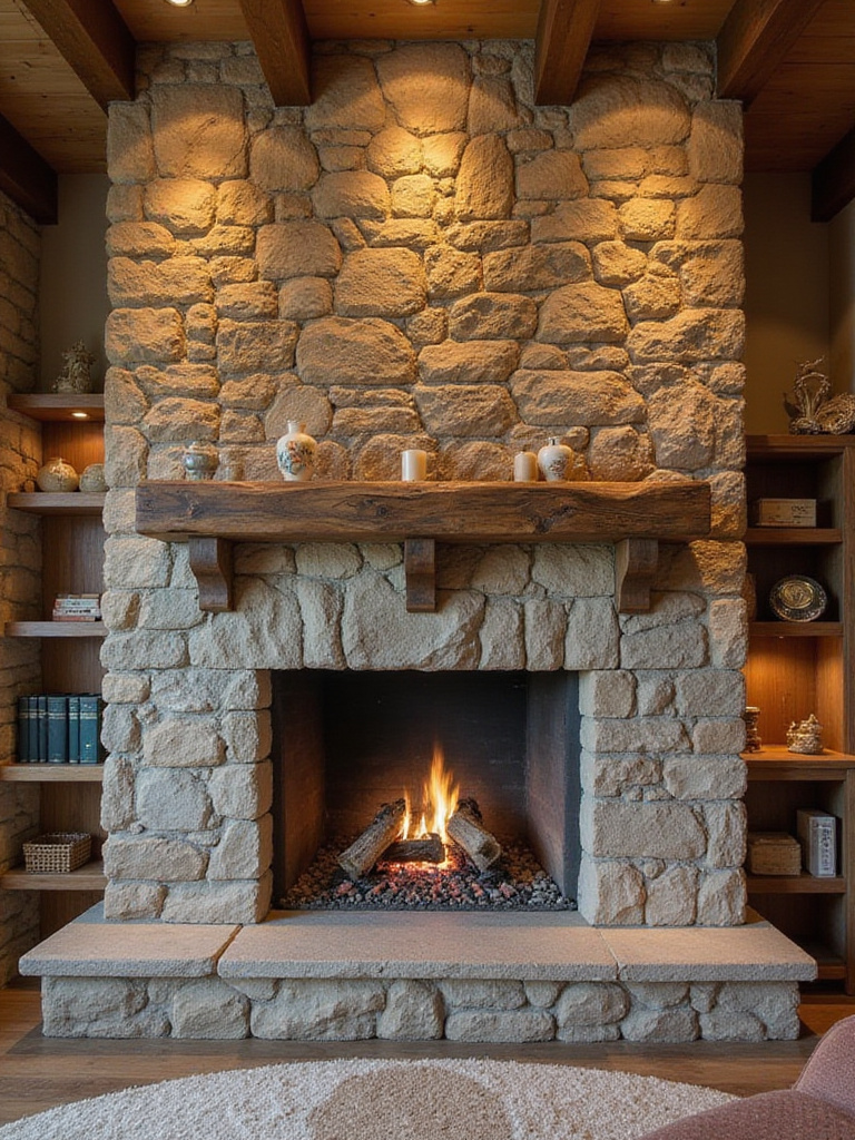 A grand stone fireplace in a rustic living room, showcasing its texture and warm lighting.