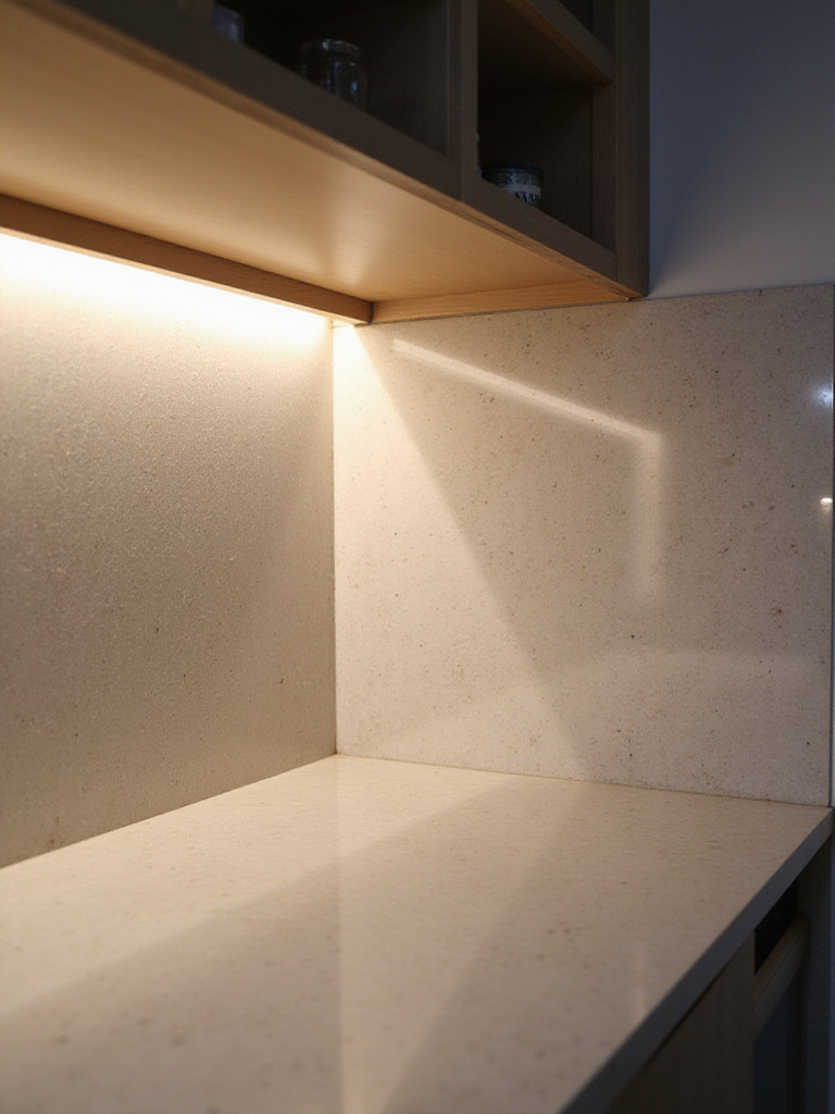 Modern kitchen backsplash with integrated LED strip lighting illuminating quartz slab