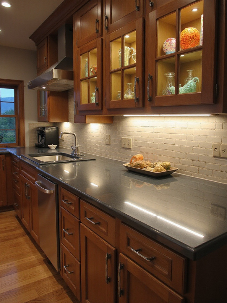 Modern kitchen island illuminated with strategic cabinet lighting