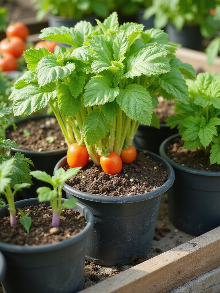 Container garden with visible drainage holes in pots to prevent root rot