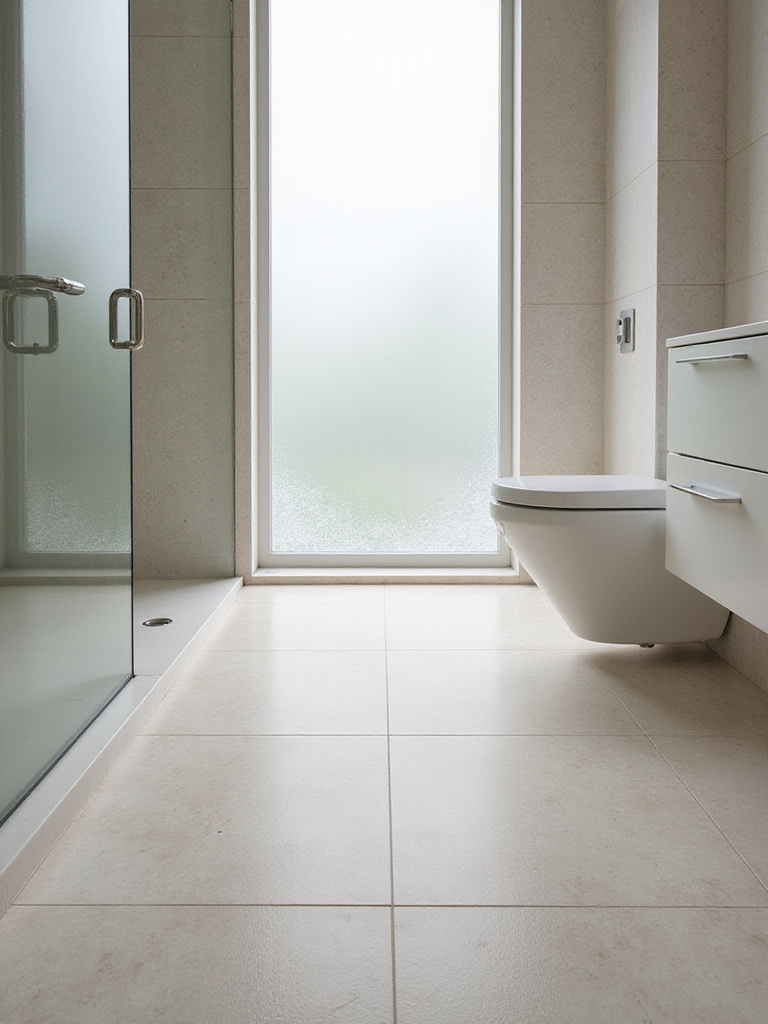 Minimalistic bathroom with continuous flooring made of large-format tiles, showcasing seamless transitions between zones.
