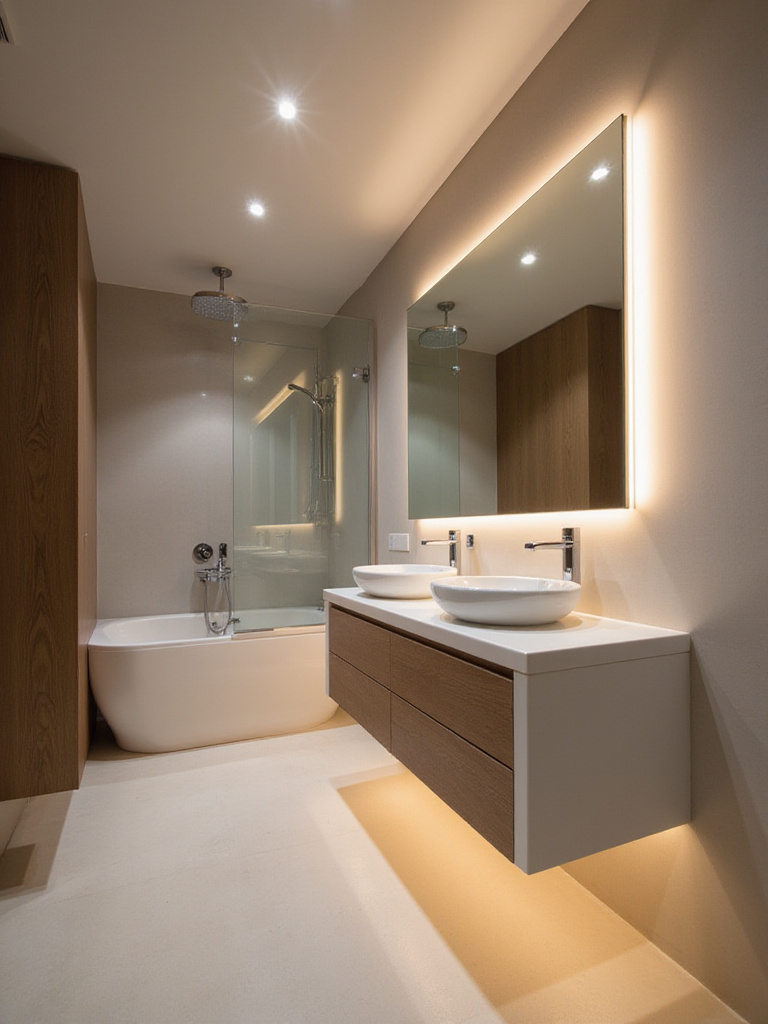 Minimalistic bathroom showcasing integrated lighting solutions for a clean and serene atmosphere.