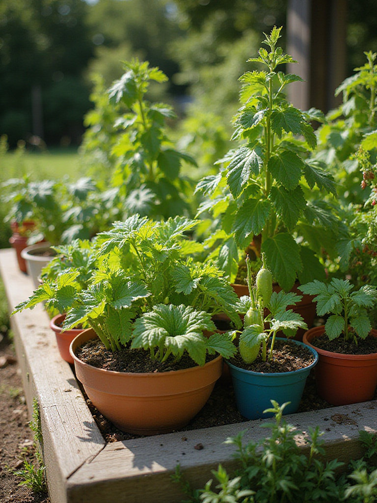 Vibrant container vegetable garden with colorful pots and healthy plants under sunlight.