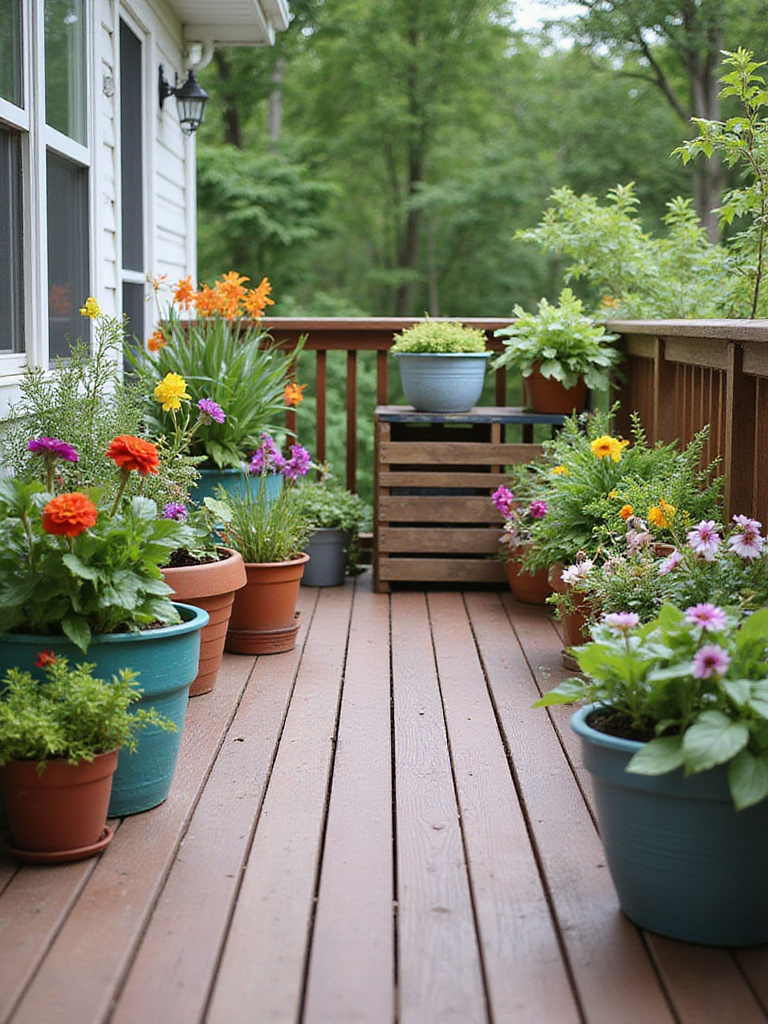 Vibrant deck with budget-friendly potted plants in various containers