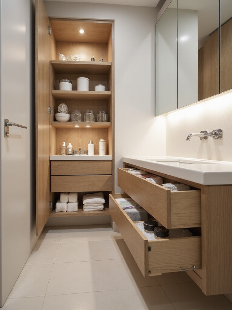 A minimalistic bathroom with hidden storage solutions, featuring a sleek vanity and organized drawers.
