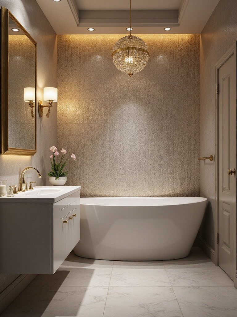 Stylish bathroom featuring metallic wallpaper accents