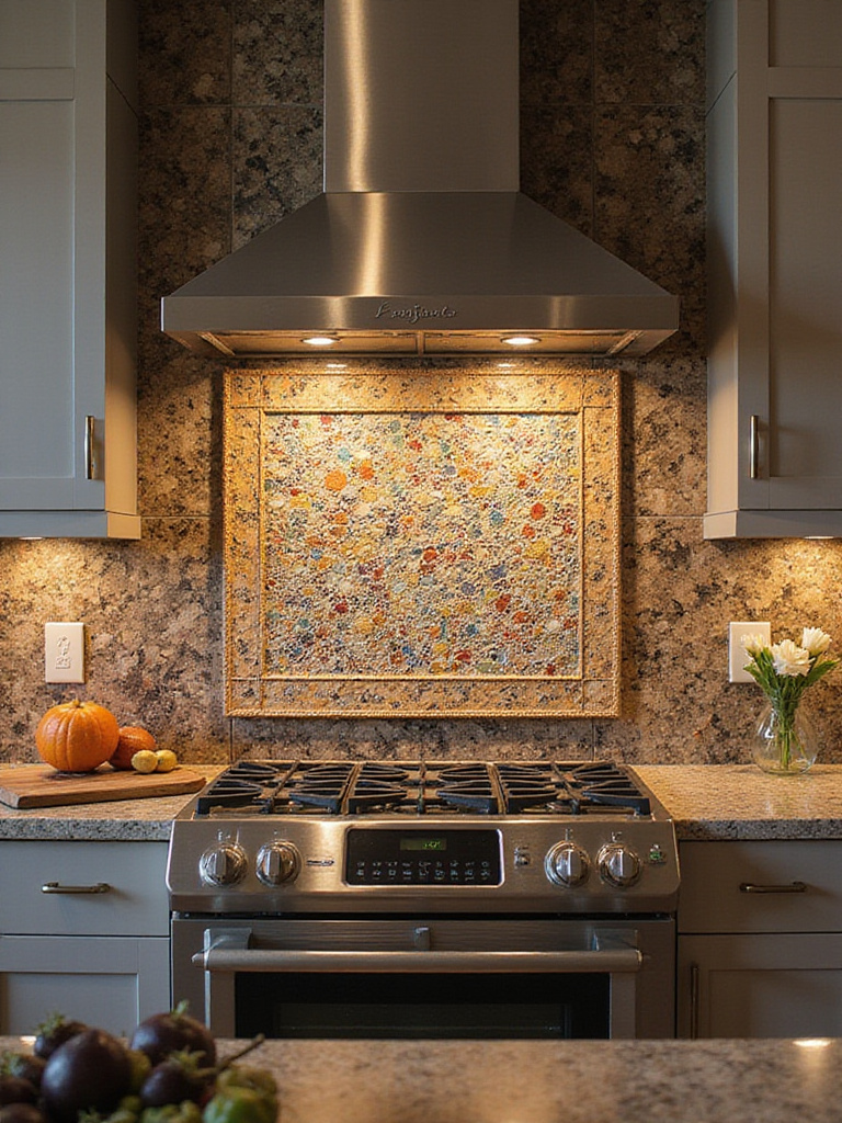 Kitchen featuring a mosaic tile backsplash with intricate designs and textures.