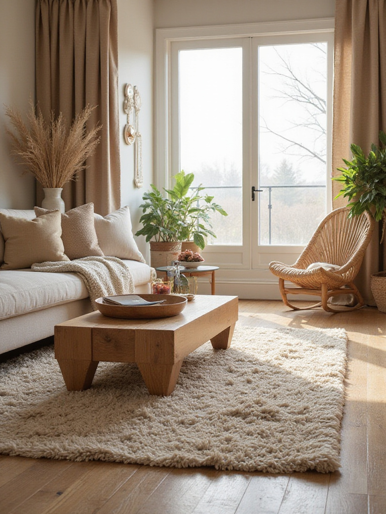 Modern living room with natural materials including wood, stone, and linen textures.