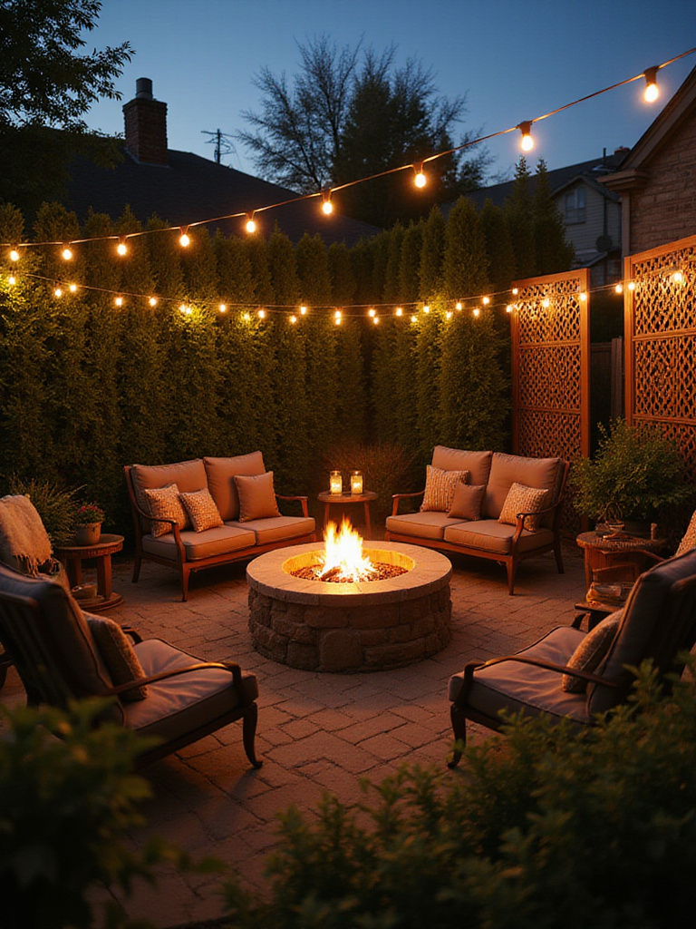Cozy firepit area with privacy elements like hedges and screens, warm lighting.