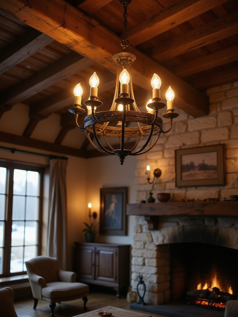 Warm ambient lighting in a rustic living room featuring wrought iron chandelier and Edison bulbs.