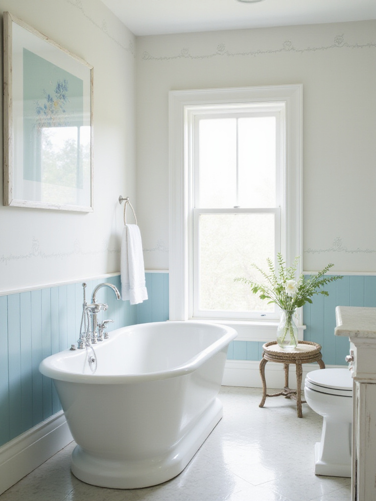 Serene bathroom with nautical-themed wallpaper and natural light