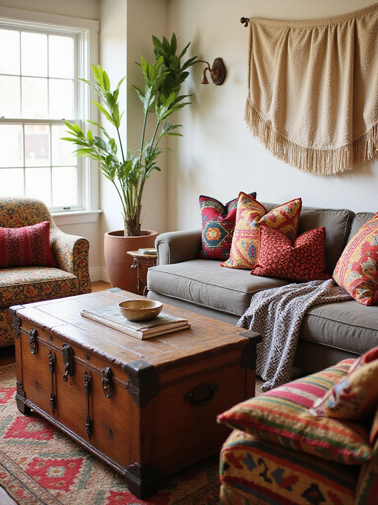 Eclectic living room featuring global finds and cultural touches, including a Peruvian throw and an Indian antique chest.