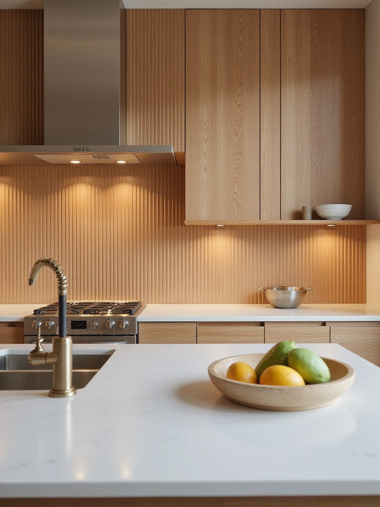 Modern kitchen showcasing ribbed wood panel backsplash with warm tones and minimalist design.