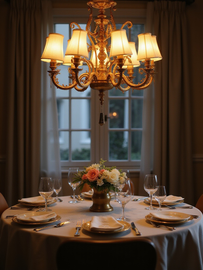 Elegant dining room chandelier with a dimmer switch set to soft lighting