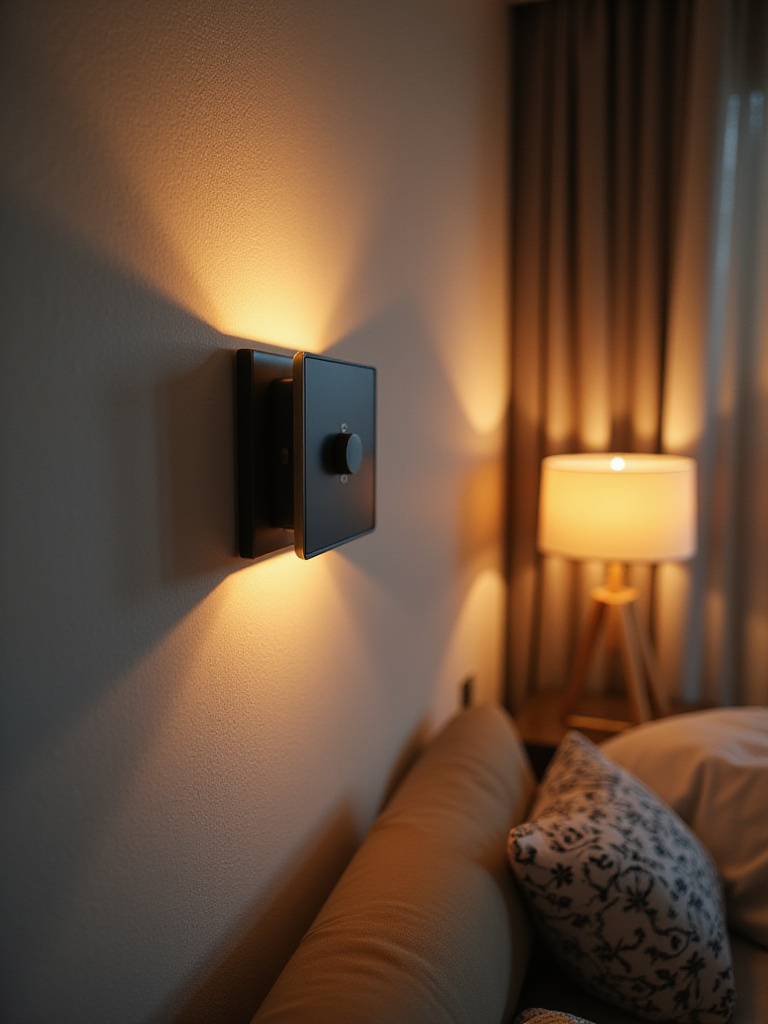A stylish dimmer switch in a modern bedroom setting with warm ambient lighting.