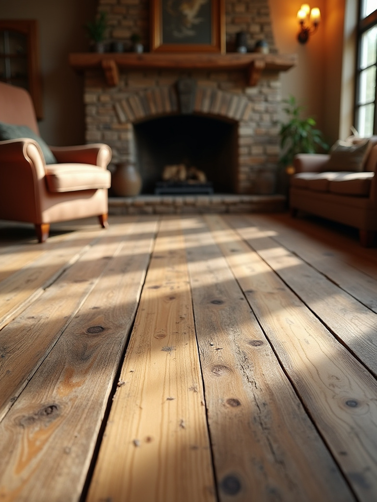 Rustic living room with distressed hardwood floors showcasing aged timber textures