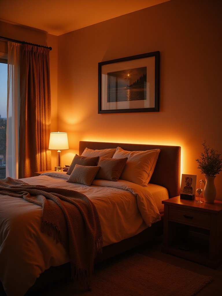 Cozy bedroom with hidden LED strips behind headboard creating a soft glow