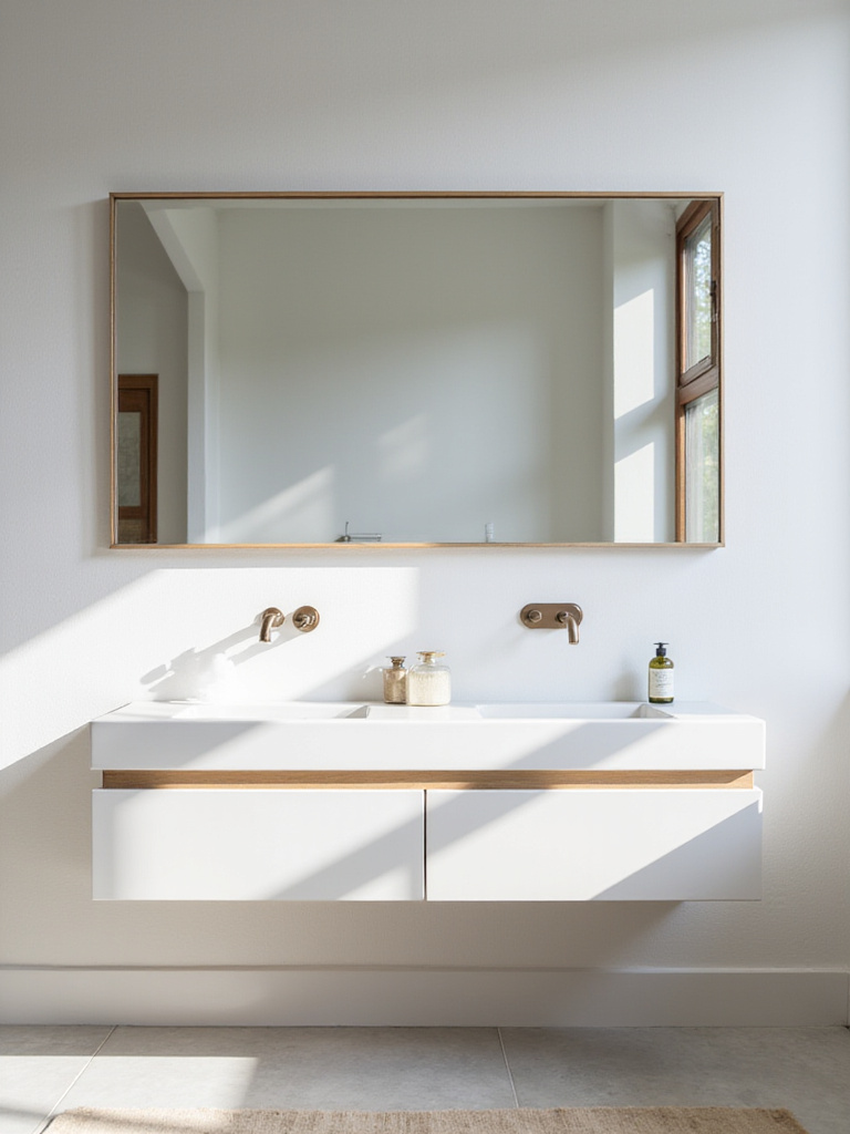 Minimalistic bathroom with a large unframed mirror reflecting light and space.