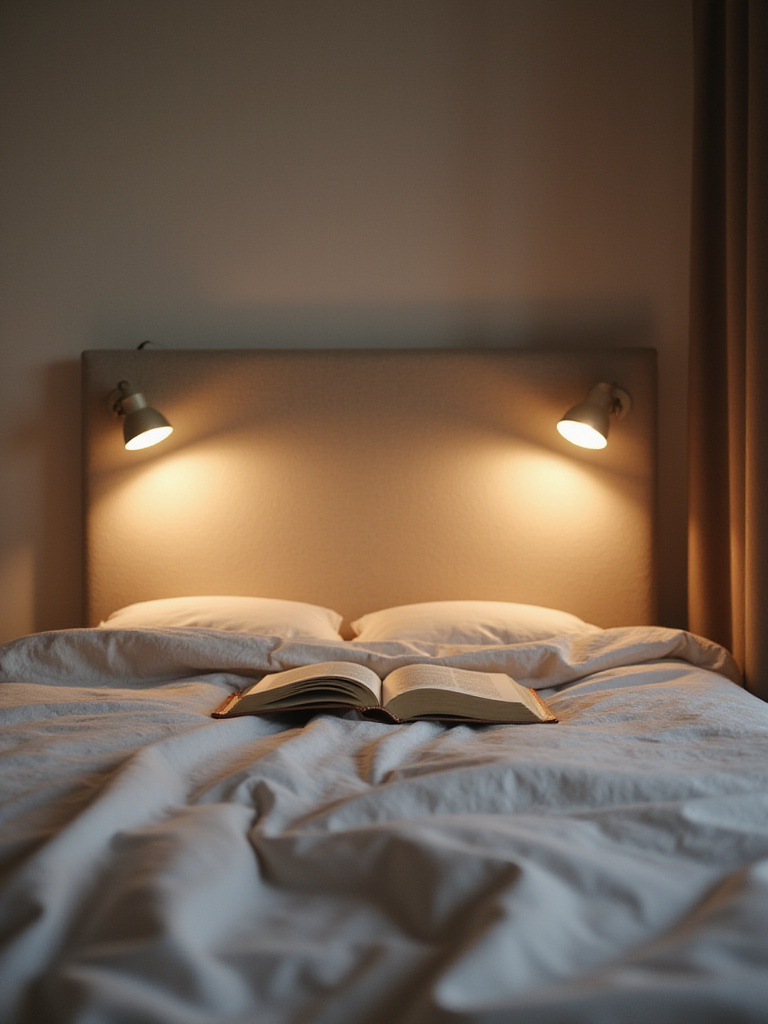 Cozy bedroom with reading lights installed over the bed, highlighting a book.
