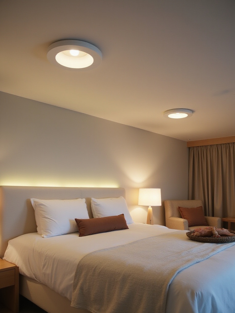 Modern bedroom with recessed lighting providing a clean overhead glow
