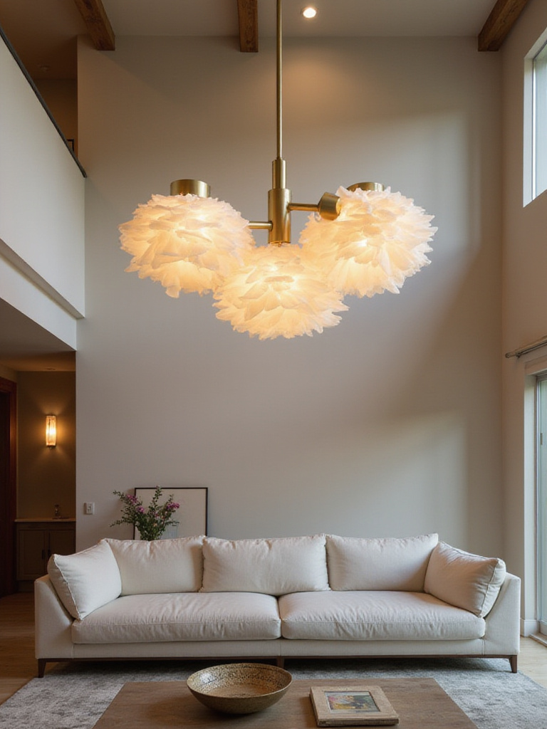 Modern living room with statement lighting fixture over a sectional sofa