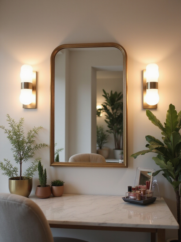 Dressing area with elegant vanity lighting and a wall-mounted mirror