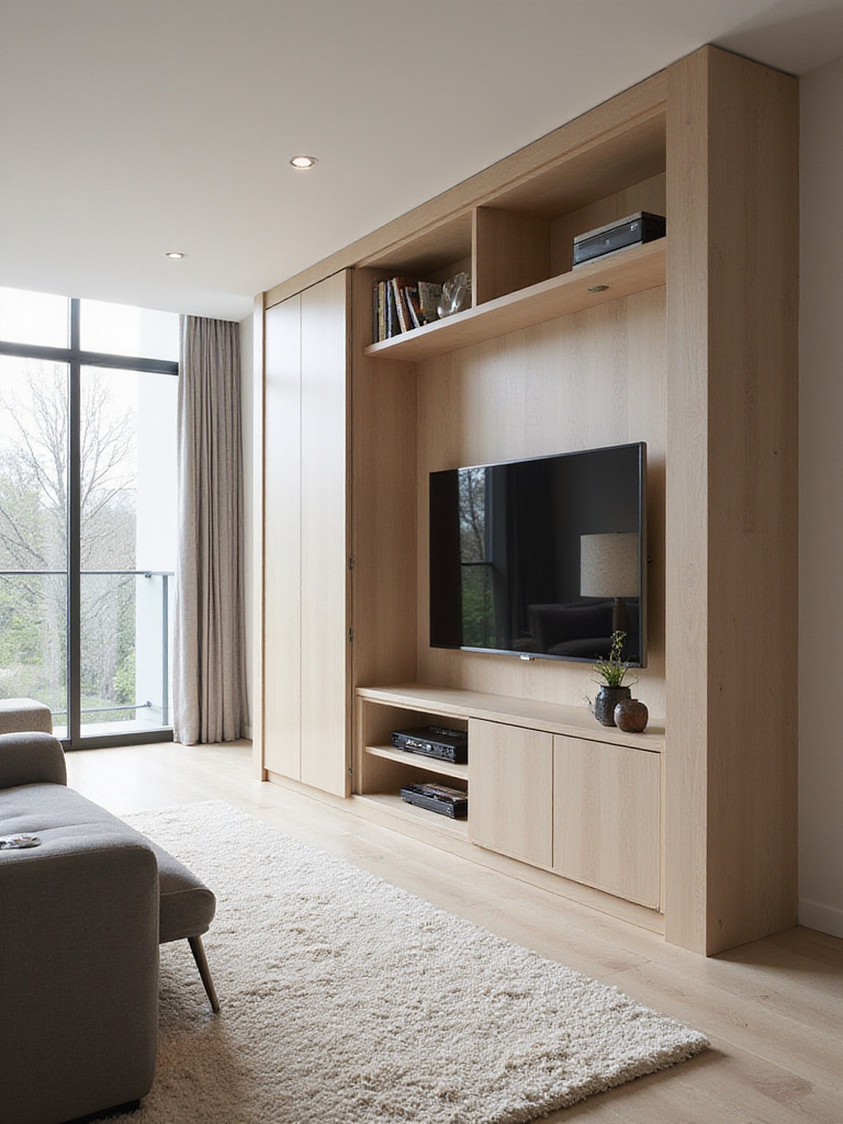 Modern living room with integrated hidden storage solutions