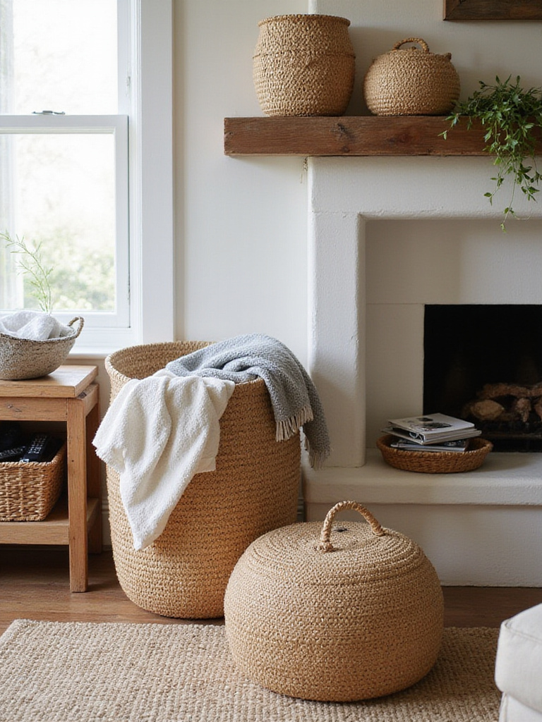 Rustic living room with natural woven baskets for stylish storage