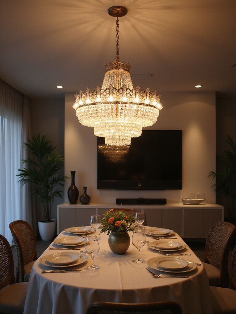 Elegant dining room with smart chandelier lighting, showcasing a warm and inviting atmosphere.